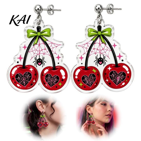 Sweet Cool Jewelry for Women 1 Pair Acrylic Cherry Earrings Women, 2D Fruit Dangle Drop Charming Aesthetic with Spider Web And Bow, Punk Halloween