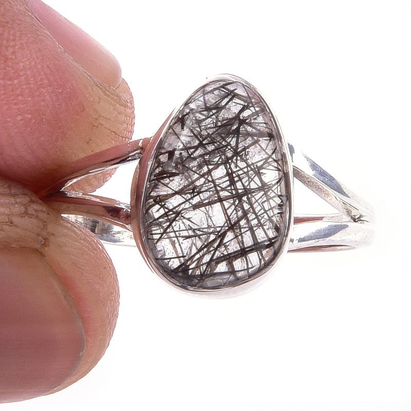 Natural Black Rutile Gemstone Handmade 925 Solid Sterling Silver Ring S.6 m4Y37