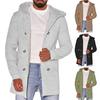 Men Fall Winter Coat Hooded Pockets Double-breasted Solid Color Mid Length Loose Cardigan Long Sleeve Thick Warm Men Overcoat Long Jacket