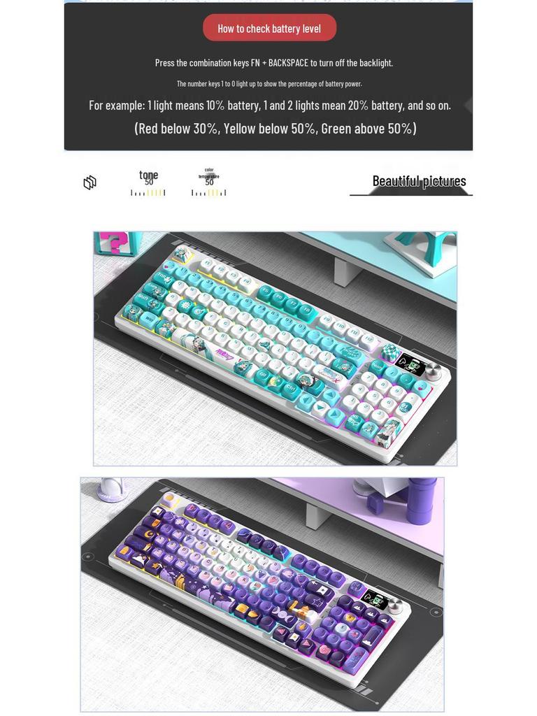 98-клавишная RGB беспроводная Bluetooth механическая клавиатура с тройным режимом - Игровая, для киберспорта и офиса, с настраиваемым экраном