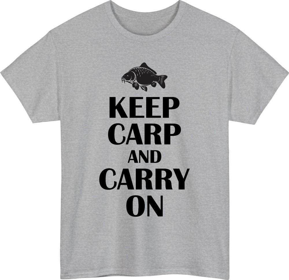 Keep carp and carry on t shirt funny fishing pun classic retro meme tee gift
