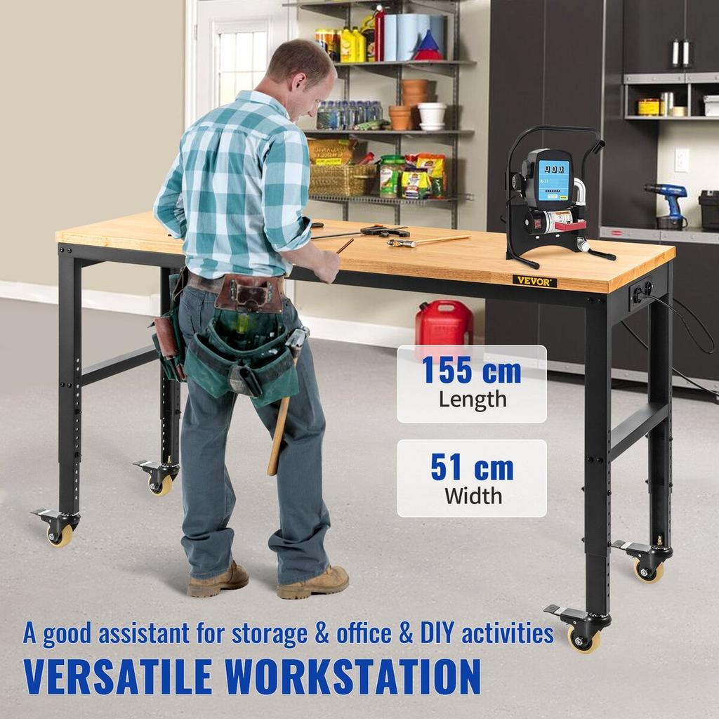 Workbench Adjustable Height, 155 x 51 cm Garage Table w/ 80 – 105 cm Heights & 720KG Capacity, with Power Outlets & Hardwood Top & Metal Frame &