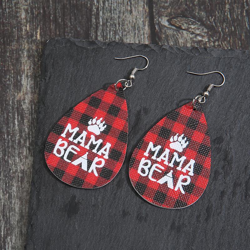 Mamabear Christmas Earrings: Red Plaid PU Leather, Bear Paw Design