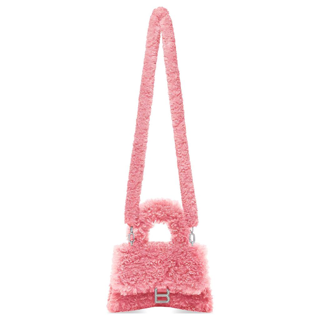 Balenciaga Furry Hourglass Distressed Silver B Logo Metal Accessories Detachable Shoulder Strap Lambskin Crossbody Shoulder Tote Mini 676384210FP5812