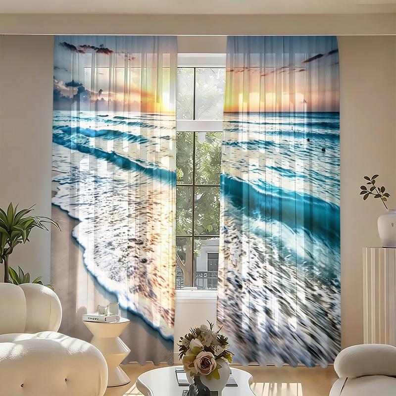 2-Piece Ocean Beach Sunset Curtains, Rod-Pocket Style Semi-Transparent Polyester Curtains, Tropical Coast Print Light-Filtering Curtains,