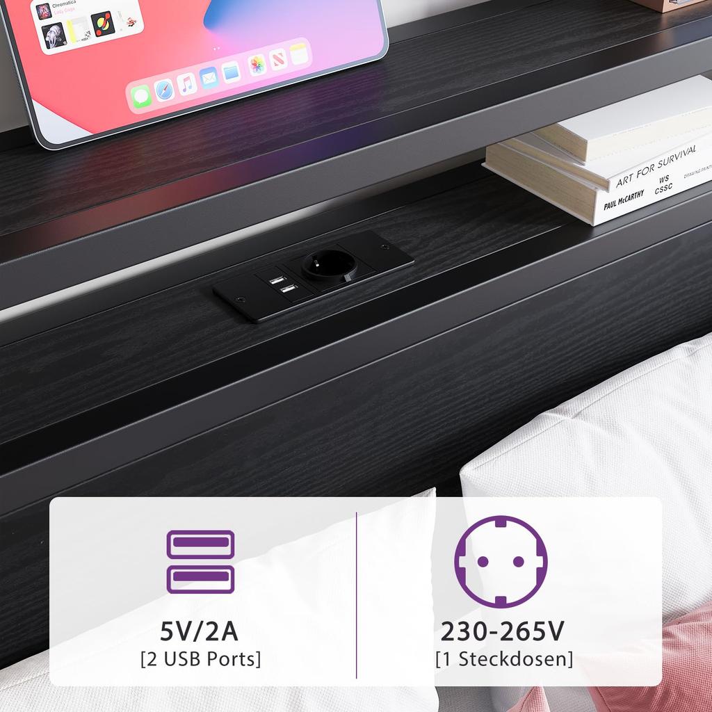 Bed 140x200 with Storage, Metal Bed Frame with USB Charging Function & LED Lighting, Modern Storage Bed with Headboard Shelf, Youth Bed/Guest Bed