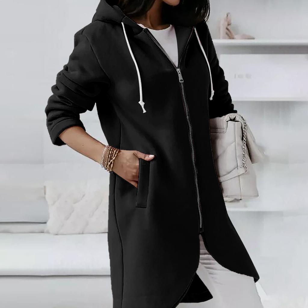 Женская повседневная свободная толстовка с длинными рукавами на молнии с капюшоном и длинной подкладкой, пальто
