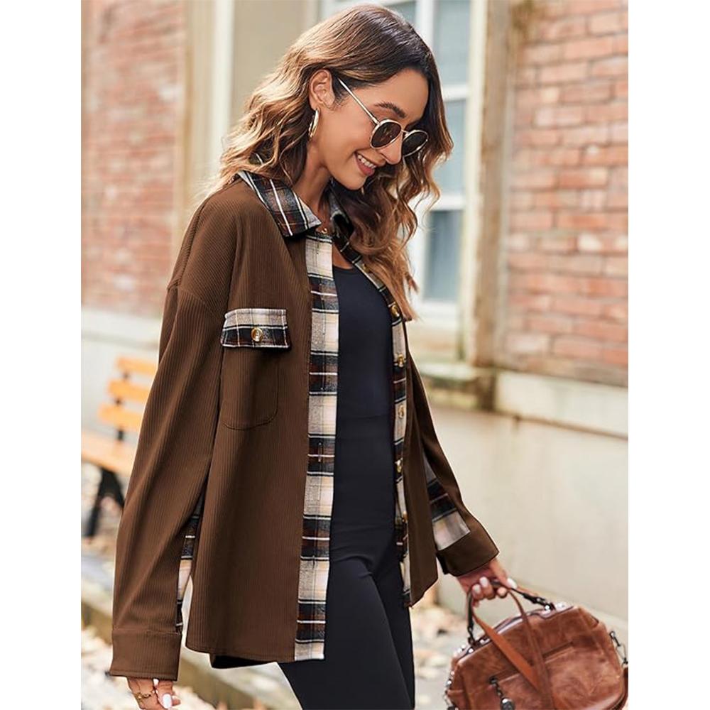 Женская вельветовая фланелевая куртка-жакет, повседневные клетчатые рубашки на пуговицах, осенние топы с длинным рукавом и карманами