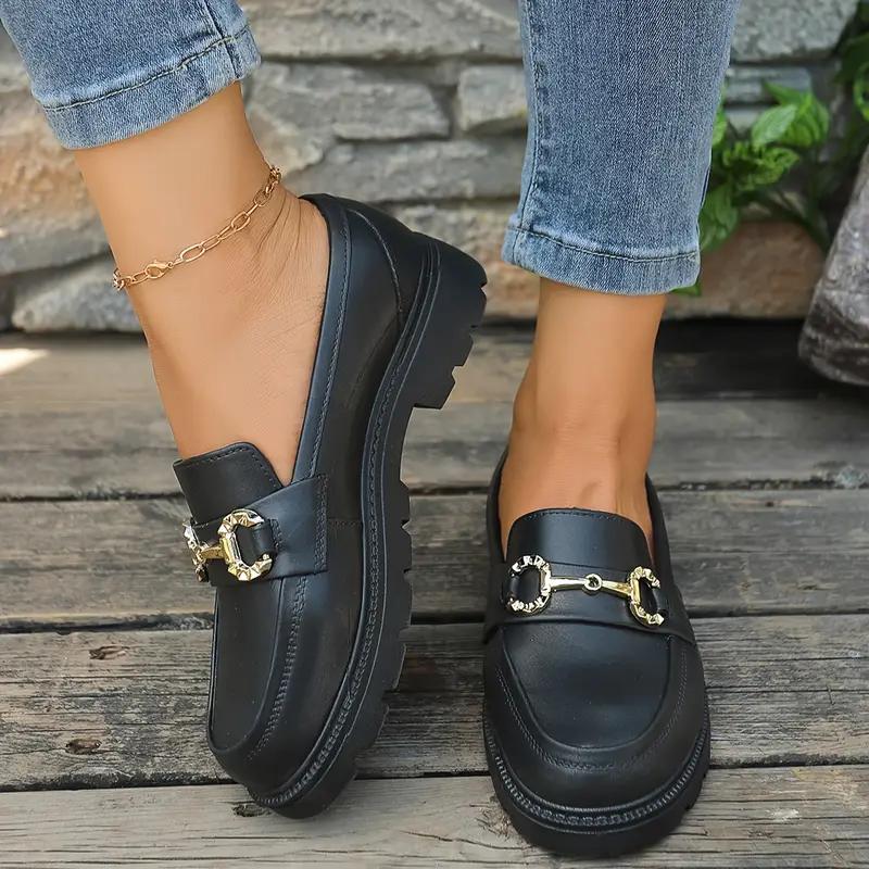 Женские металлизированные лоферы с декоративными ремешками с пряжками - Слипоны с круглым носком, удобная обувь на все сезоны