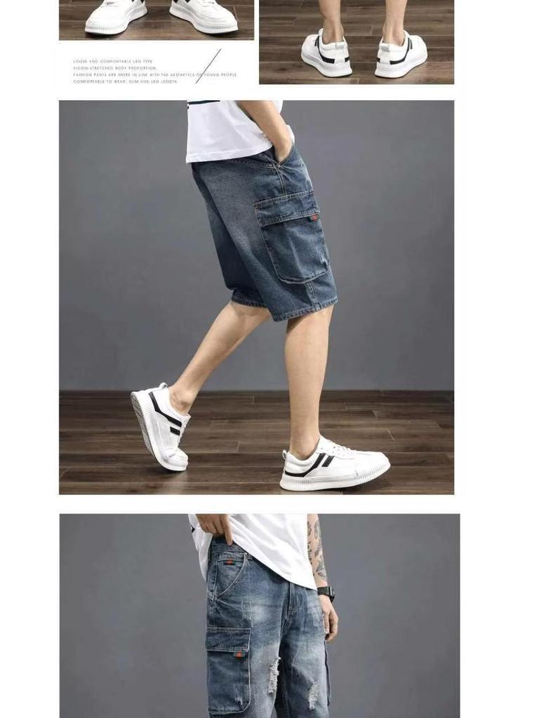 Мужские модные рваные джинсовые шорты в корейском стиле - Лето 2023 Свободного кроя штаны до колена