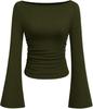 2025 Autumn Slim Fit Women's Boat Neck Bell Sleeve Ruched Top - Solid Color, Long Sleeve