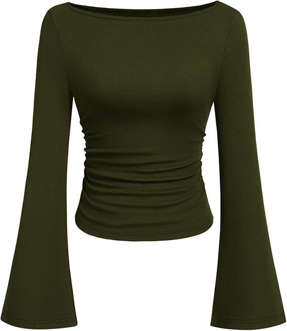 2025 Autumn Slim Fit Women's Boat Neck Bell Sleeve Ruched Top - Solid Color, Long Sleeve