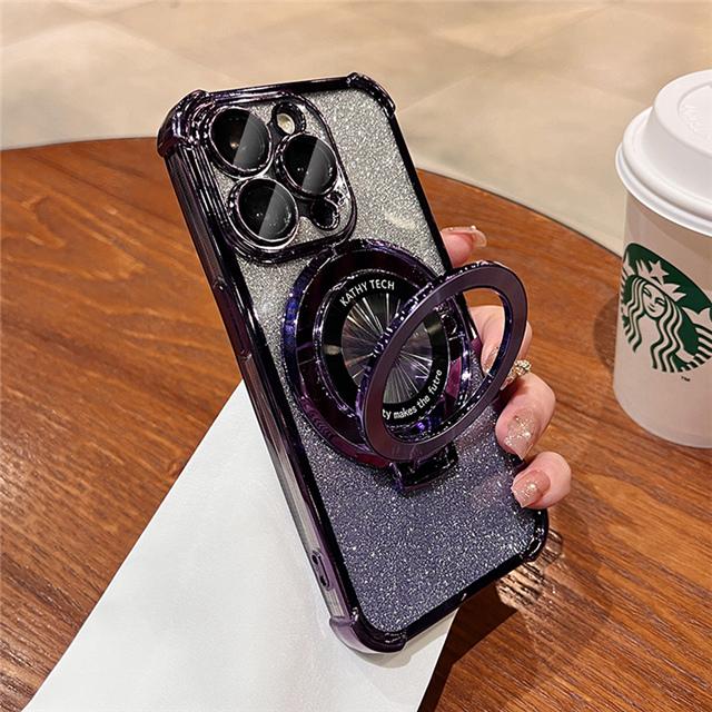 For iPhone 15 Pro Max Luxury Plating Magsafe Magnetic Stand Flash Phone Case For iPhone 11 12 13 14 16Plus Lens Protective Cover