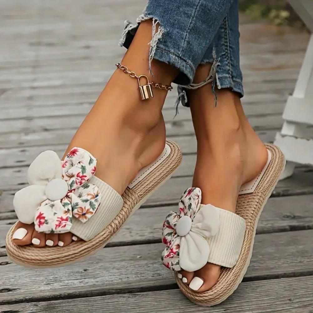 Женские шлепанцы-вьетнамки с цветочным декором - Повседневные удобные шлепанцы с открытым носком, Белые с желтыми серединками, Подошва из ЭВА, Летняя пляжная обувь, Повседневная обувь