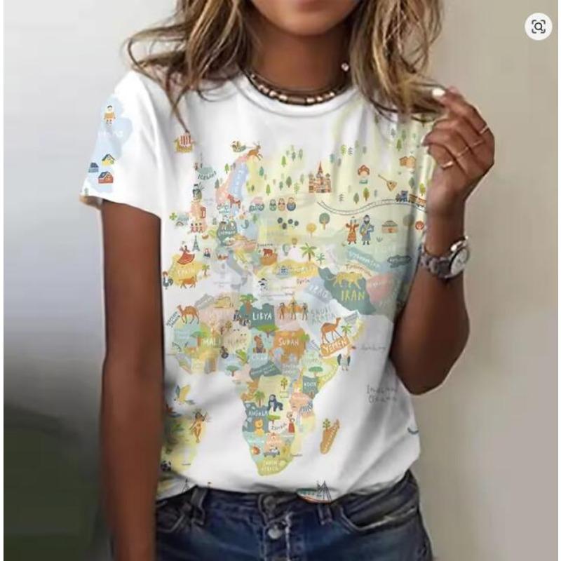 Женские футболки с 3D-принтом в виде карты мира, повседневные, с круглым вырезом, летние, свободные, с короткими рукавами, забавные, женская одежда, пуловер