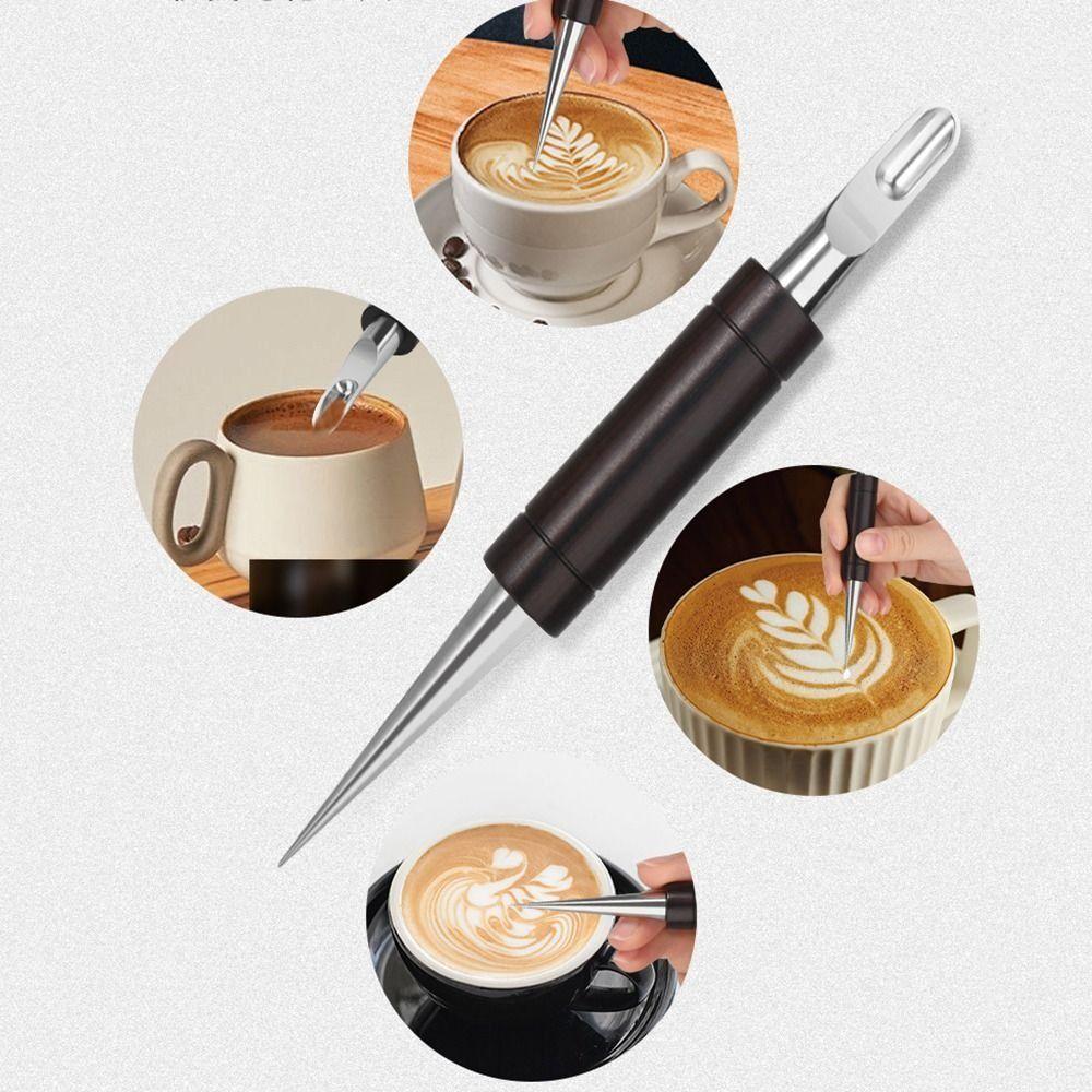 Wood Handle Latte Art Pen Stainless Steel Tip Coffee Drawing Pen Coffee Decorating