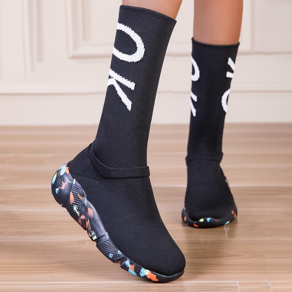 TUINANLE Thick Sole Long Boots for Women Elastic Socks Shoes Boots Mid-calf Round Toe Low Heels