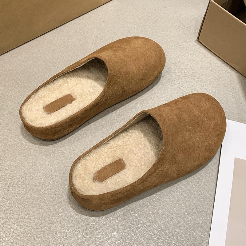 Simple Thick-soled Bag Head and Half Slippers for Women's 2024 New Autumn and Winter Velvet Half-tray One-pedal Boken Slippers