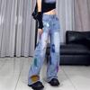 Korean Dongdaemun 2025 Summer Graffiti Wide-Leg Ripped Denim Pants for Women