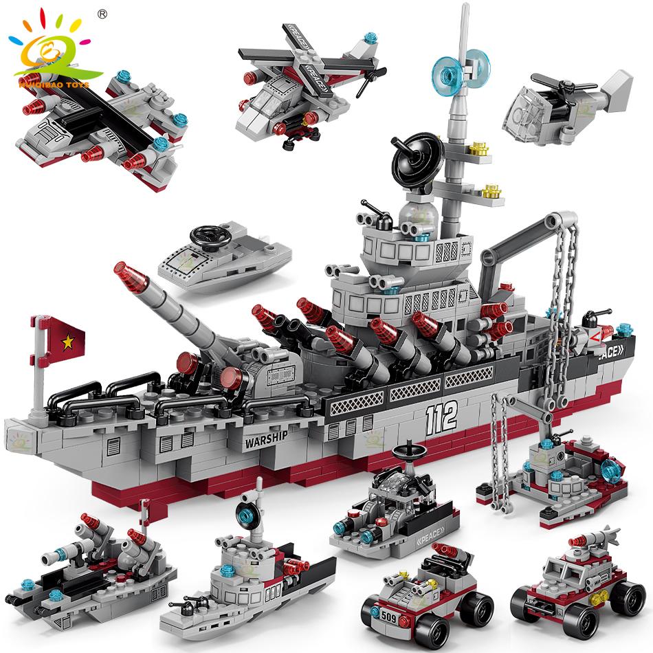 Military Ship 554pcs 8in1 Aircraft Cruiser Building Blocks Army Warship Plane Truck Bricks City Children Toys for Boy