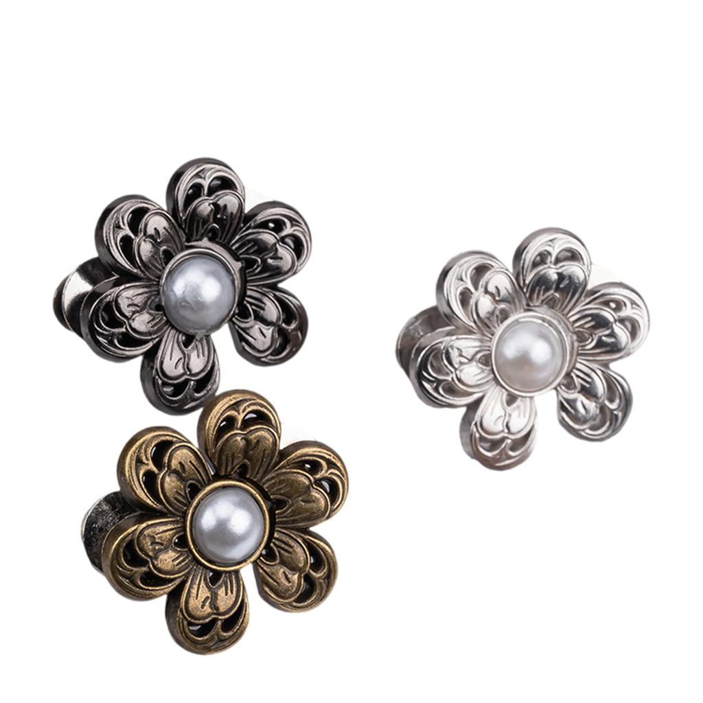 3PCS Pearl Flower Waist Buckle Cincher Clip Waist Brooch Hook for Jeans Pants Plated Waist Tightener Clip Skirt Adjuster