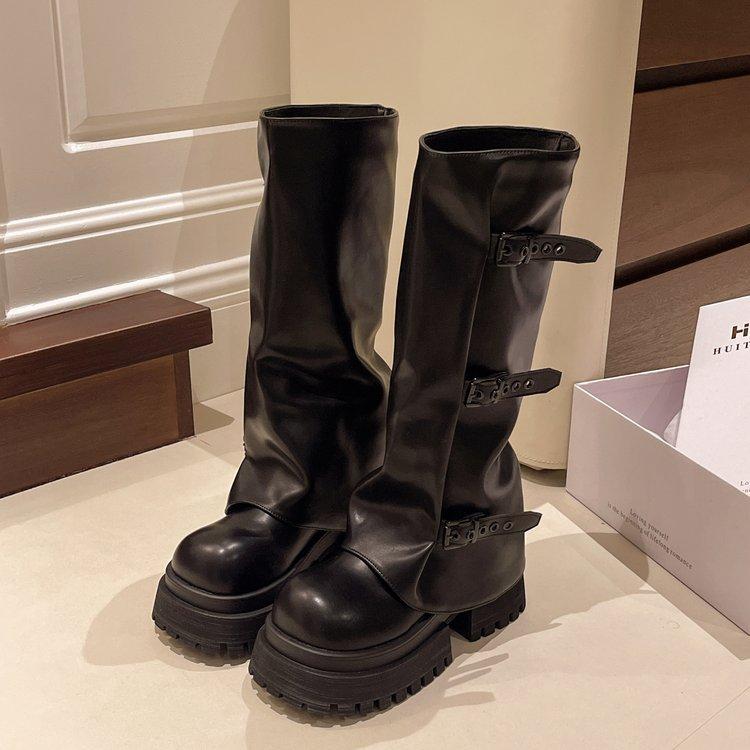 High Leg Boots Women Autumn Winter  New Sleeve Knight Boots Thick Soles Belt Buckles That Cannot Reach The Knee, Long Boots