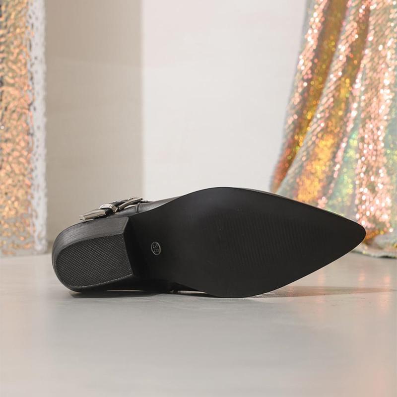 Модные женские ботильоны в западном стиле из натуральной кожи, обувь с дизайном заклепок и ремешка с пряжкой, сексуальный острый носок, квадратный каблук, молния, женские ботильоны