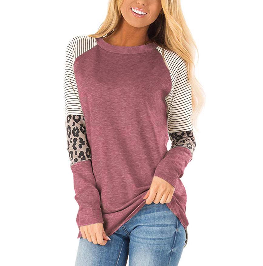 SCIONE Женская новинка 2019 года, женская футболка с леопардовым принтом в полоску и круглым вырезом, с длинными рукавами