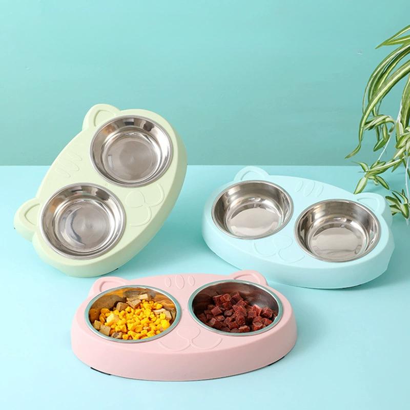 Pet Double Bowl Plastic Kitten Cat Food Drinking Tray Feeder Cat Feeding Pet Supplies Accessories