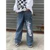 Y2K Women Korean Fashion Streetwear Casual Letter Print Straight Wide Leg Pants Baggy Denim Trousers Men Low Rise Jeans Clothes