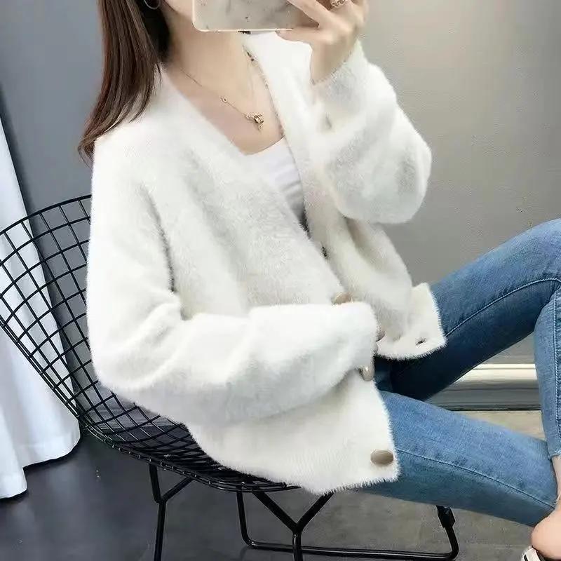 Весенне-осенняя корейская версия норкового флиса вязаная куртка-кардиган, свитер, женская короткая свободная верхняя куртка