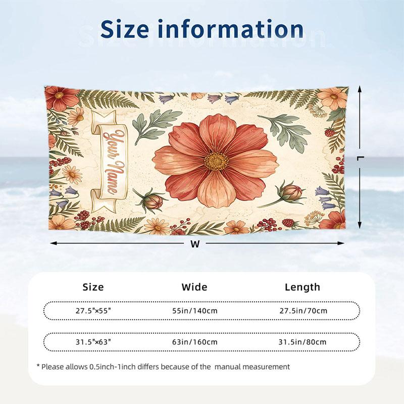 Floral Art 9 Theme Quick Dry Beach Towel Custom Name Text Print Large Sand Resistant Towel Beach Vacation