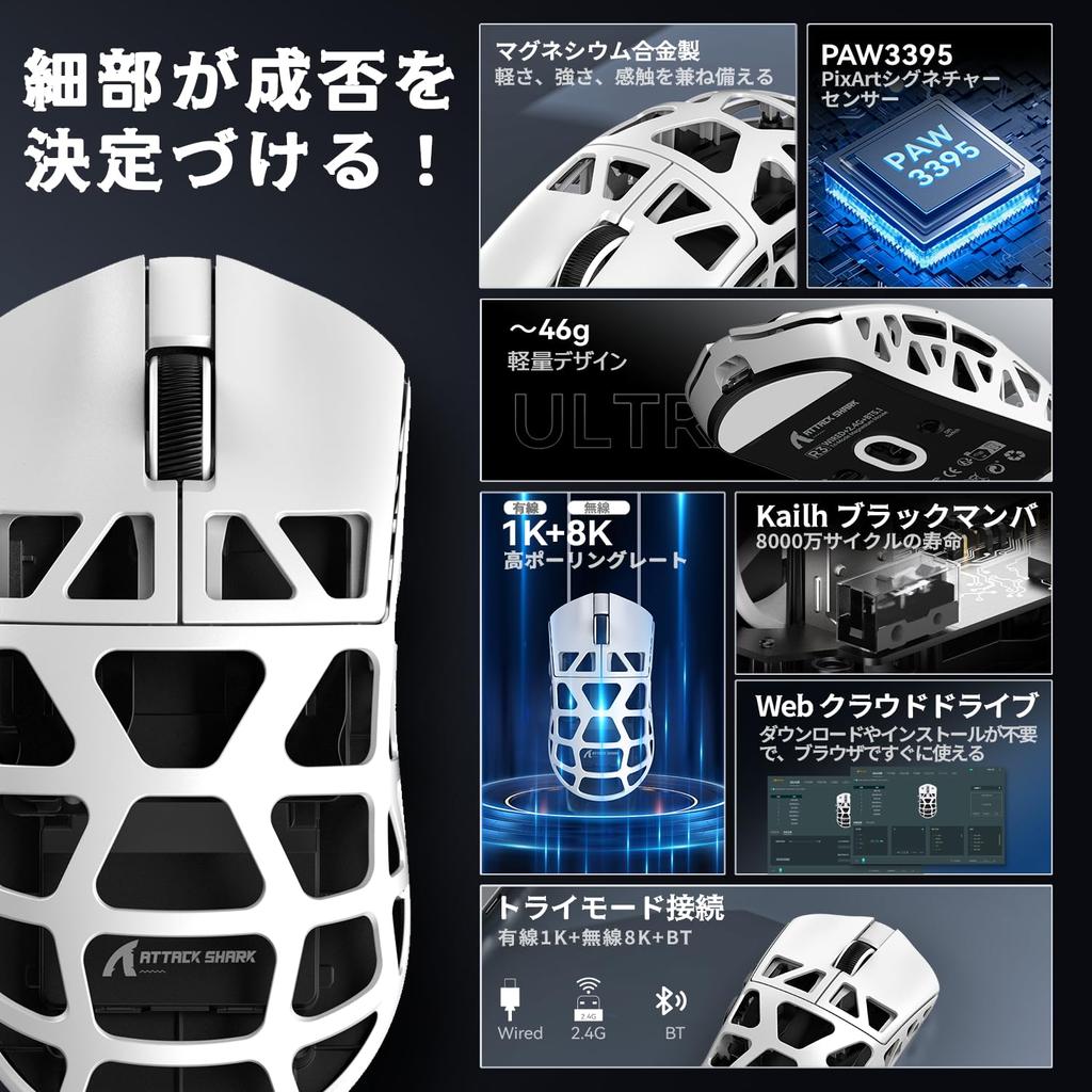 ATTACK SHARK R3 Gaming Magnesium Wired 8000Hz PAW3395 26000 Fast Ergonomic Design Standards Compliance Certificate Mouse, 3-Mode, Alloy,