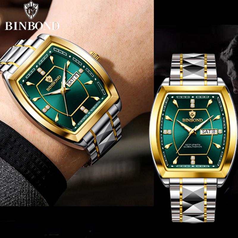 BINBOND Tonneau Dial Кварцевые Часы Для Мужчин Роскошные Алмазные Элегантные Нержавеющая Сталь Водонепроницаемые Светящиеся ТОП Бренд Мужские Наручные Часы