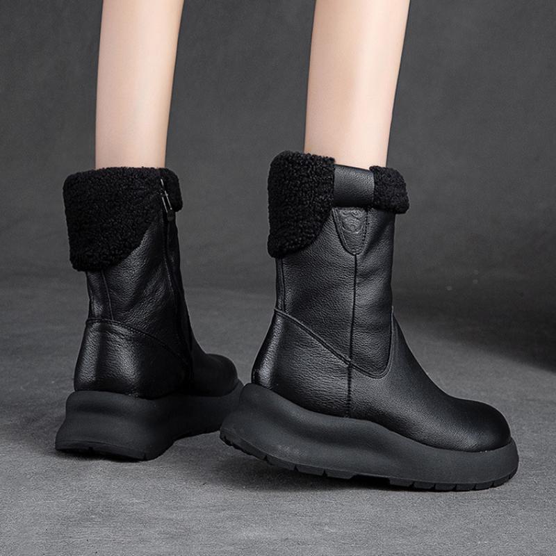 Snow Boots Genuine Leather Plush Warm Solid Color Thick Sole Women's Mid-calf Short Boots
