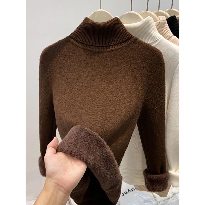 Autumn and Winter New Semi-turtleneck Fleece Sweater Bottoming Shirt Women's Integrated Fleece Thickened, Warm and Slim, Knitted Inside