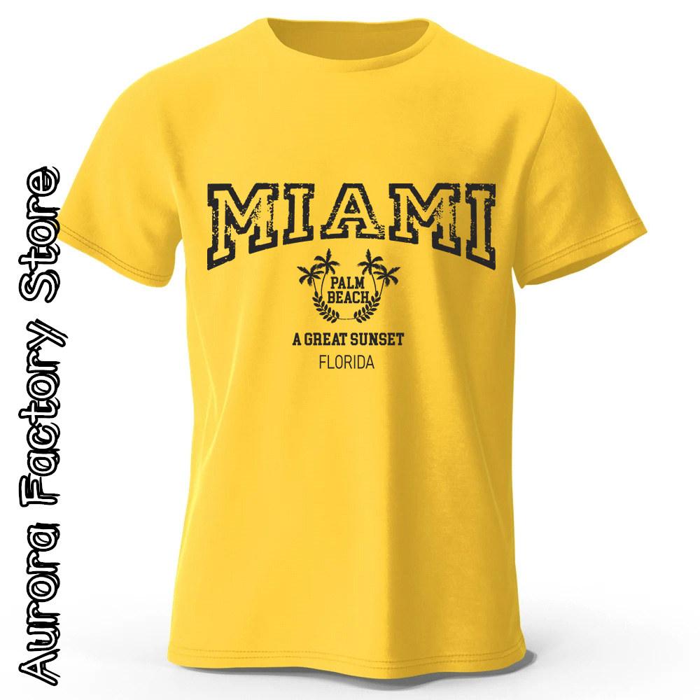 MIAMI Printing T-Shirt Summer Men Casual Cotton O-Neck Tops Tees Male Fashion Camiseta Short Sleeve Clothing Vintage Streetwear