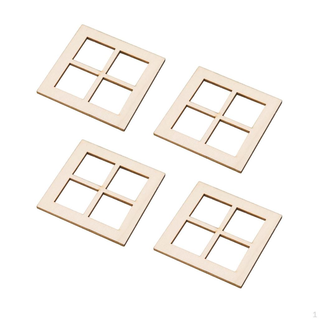 4x 4 Pane Unpainted Wooden Windows Mini Window Frame Model Tiny for Town
