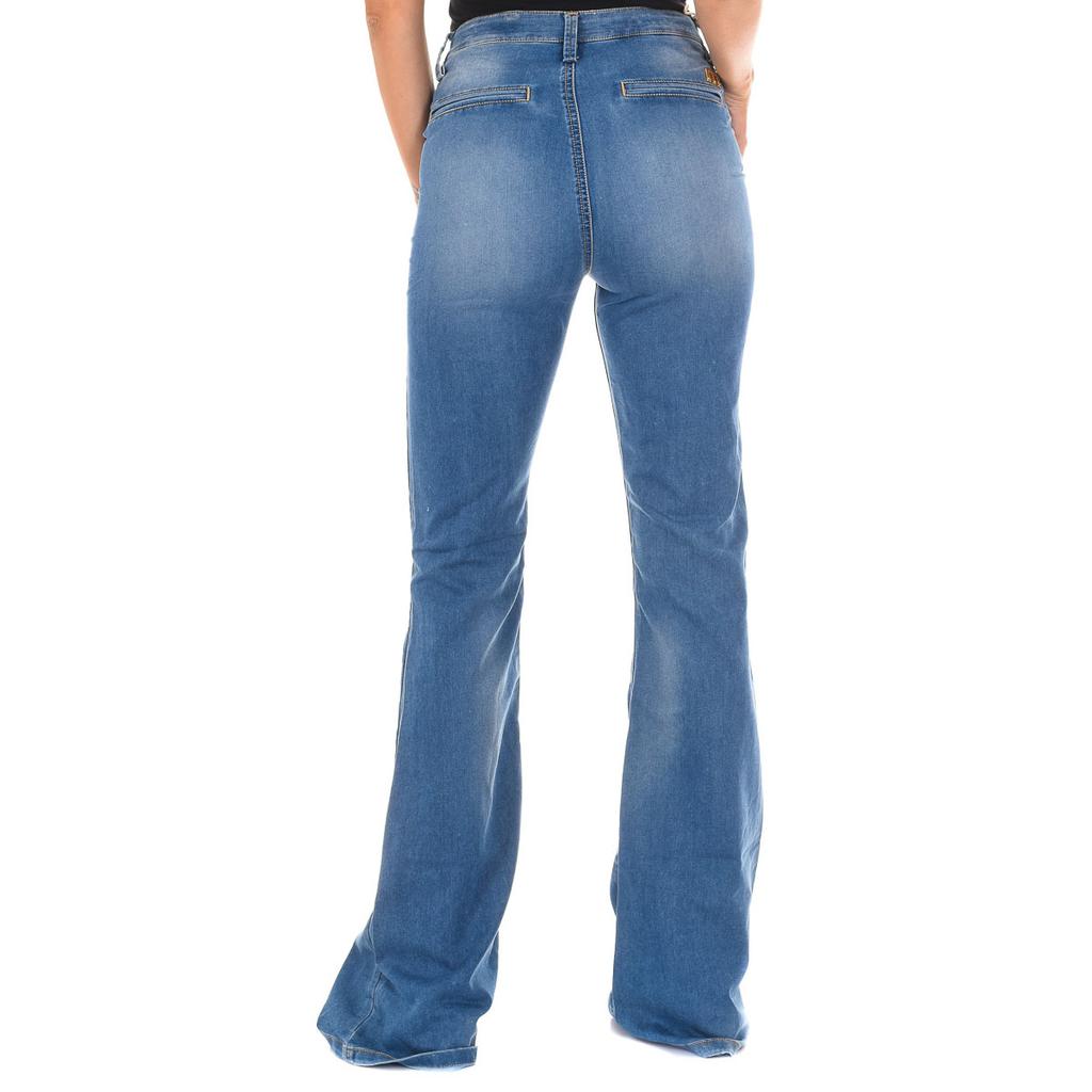 Женские длинные брюки из денима с потертостями и расклешенным низом 70DBF0273