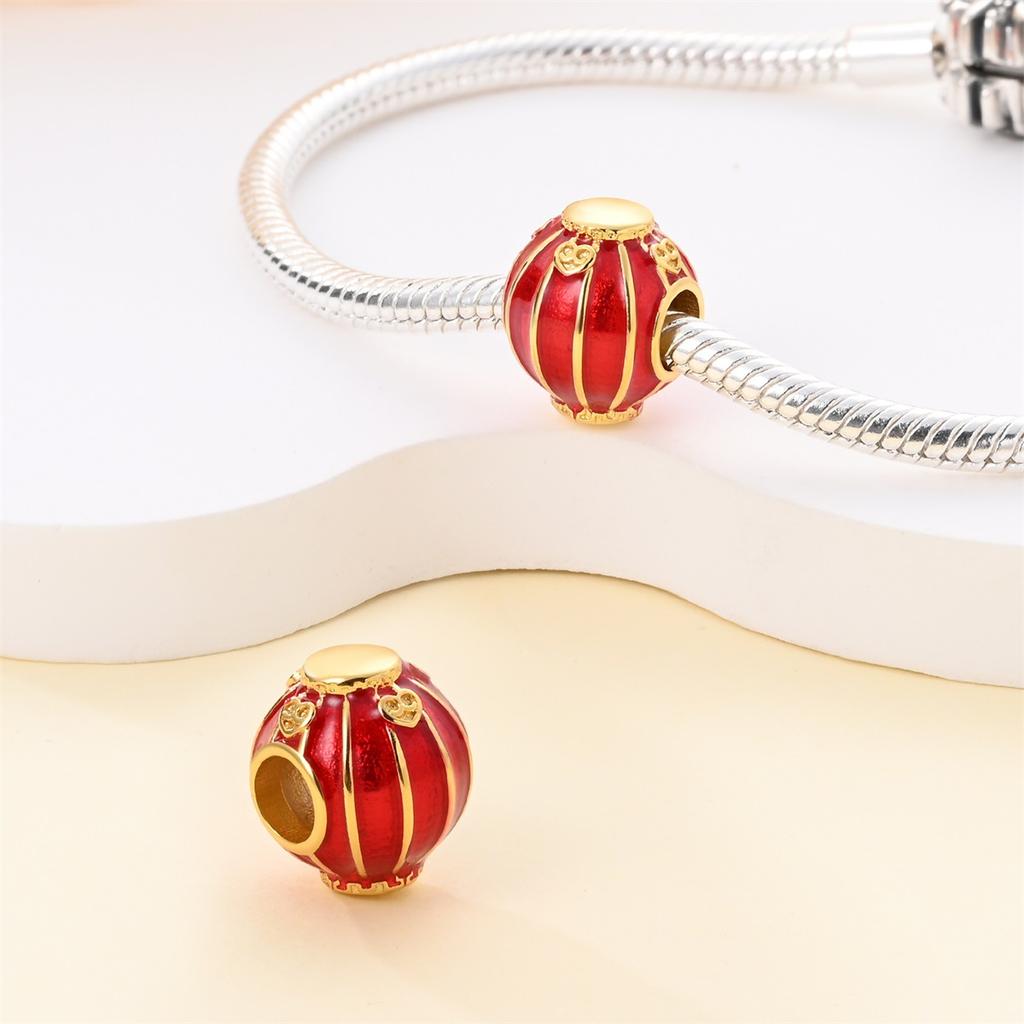 New Year'S Series Lion Dance Red Lantern Lucky Cat Charm Beads Copper Silver Plated