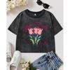 Tulip Art Bouquet Letter Print Washed Crop T-Shirt Women Soft T Shirt Casual Sport Short Sleeve Y2K O-Neck Clothing