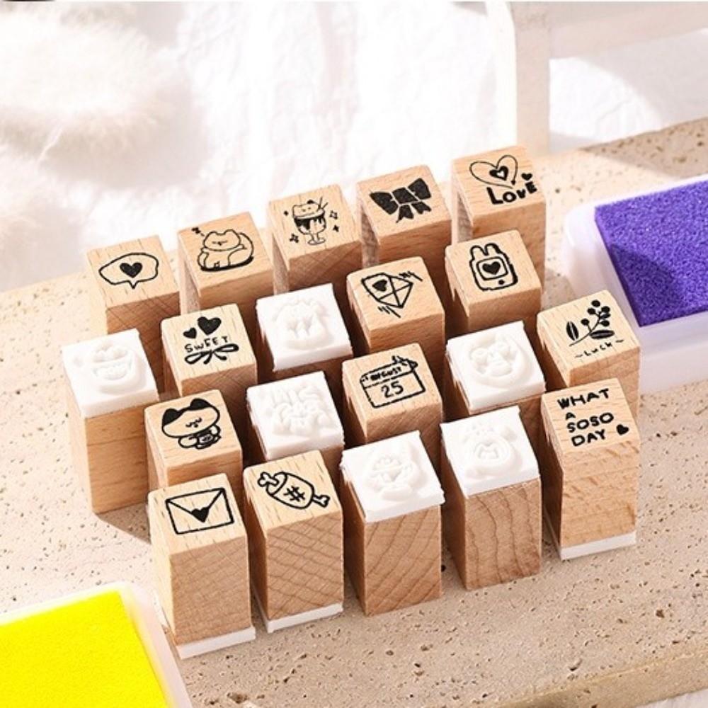 36pcs Set Acrylic Box Wood Stamps Set Daily Life Themed Mini Wooden Stamps Scrapbooking Decor