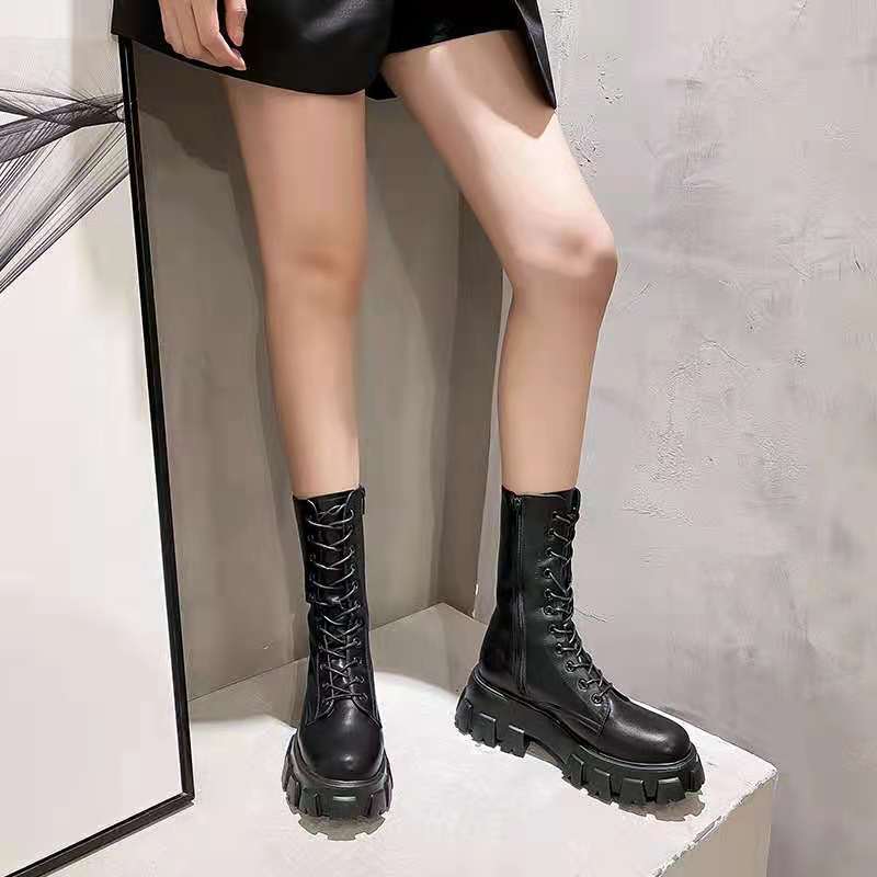 Mid Calf Boots Women Autumn Winter Fashion Lace-up Ladies Chelsea Zipper Boots Sports Platform Heel Ladies Shoes