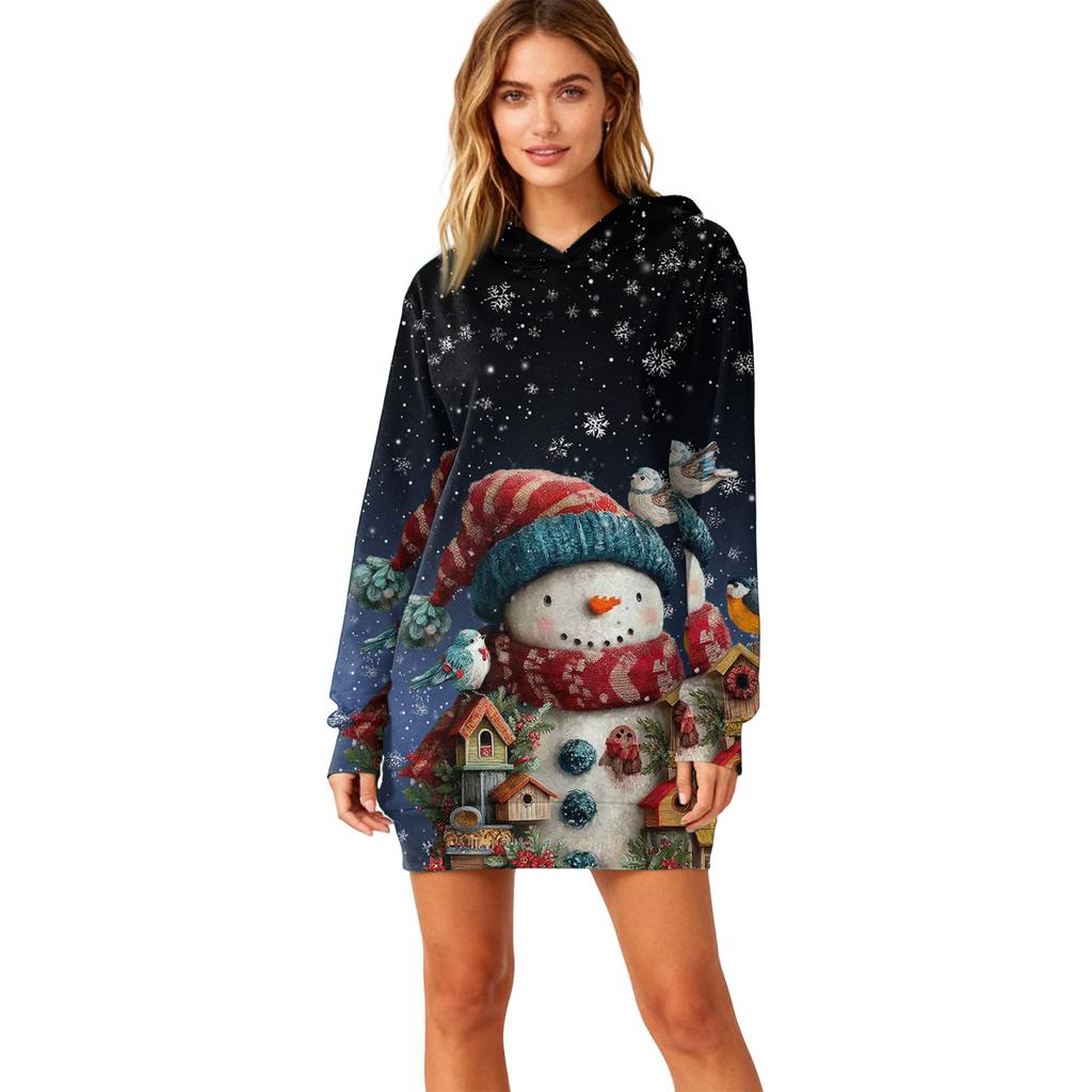 Women's Christmas Print Long-Sleeved Hooded Pocket Pullover Dress