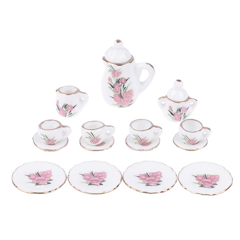 1Комплект 1:12 миниатюрных керамических чайных сервизов для кукольного домика, чашка, чайник, поднос, цветы, столовые приборы, кухонный декор, игрушечные аксессуары для кукольного домика