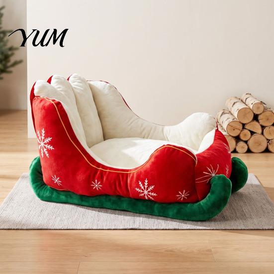 Soft Suede Dog House Christmas Sleigh Shaped Pet Bed, Cozy Holiday Cat Sofa Anti?Slip Base Comfortable Foam Mat Cushion, Washable Sleeping