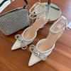 New Bow High Heels Stiletto Wedding Shoes Pointed Toe Rhinestone Back Empty Buckle Strap Ladies High Heels