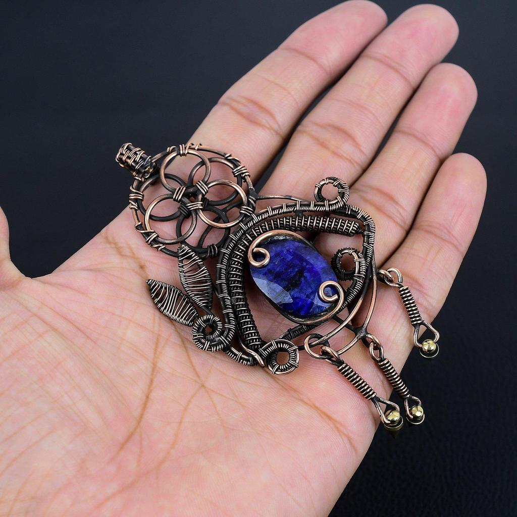 Кулон с синим сапфиром, Кулон с драгоценным камнем ручной работы, Кулон, обернутый медной проволокой 999 пробы, Антикварное украшение, Для подарка на помолвку