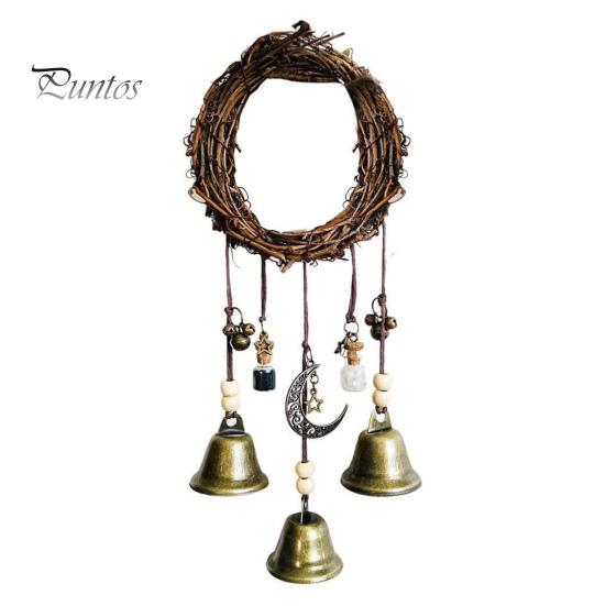 Door Knob Witch Bell Home Protection Handmade Hanging Brass Bell Wishing Bottle Rattan Wreath Witchcraft Door Hanger Wicca Wind Chime Decoration