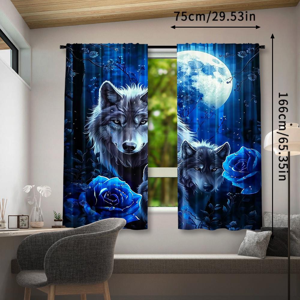 Wolf-Themed Polyester Pongee Room Darkening Curtains 2pcs Set - Contemporary Semi-Sheer Rod Pocket Drapes for Bedroom   Living Ro